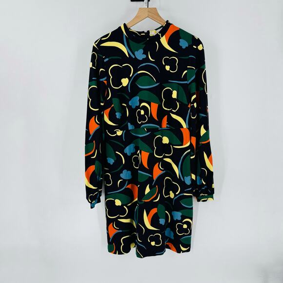 Boden Abstract Print Stand Neck Long Puff Sleeve Dress Knee Length Size 14R - Picture 10 of 10
